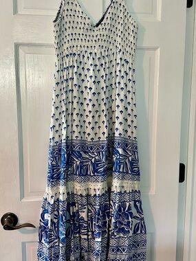 Angie Blue and White Floral Tiered Maxi Dress
